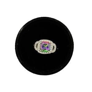 Mystic Topaz Halo Ring Sterling Silver Cushion 9mm Split Shank Sz 8